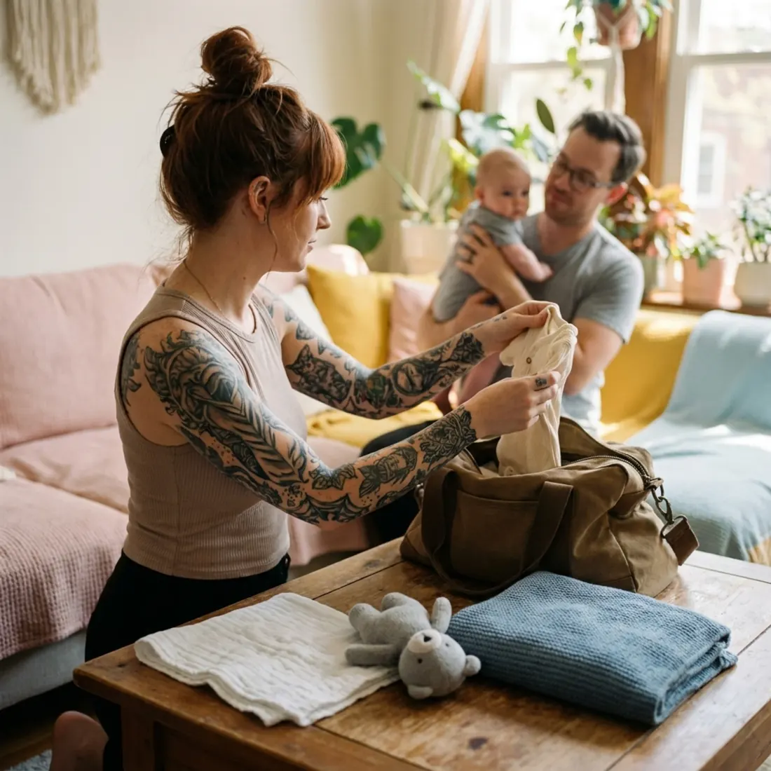 Eine Frau packt die Sachen eines neu angekommenen Kindes aus, im Hintergrund hält ein Mann ein Baby im Arm. Sinnbild für die Aufnahme eines Kindes in einer Bereitschaftspflegefamilie