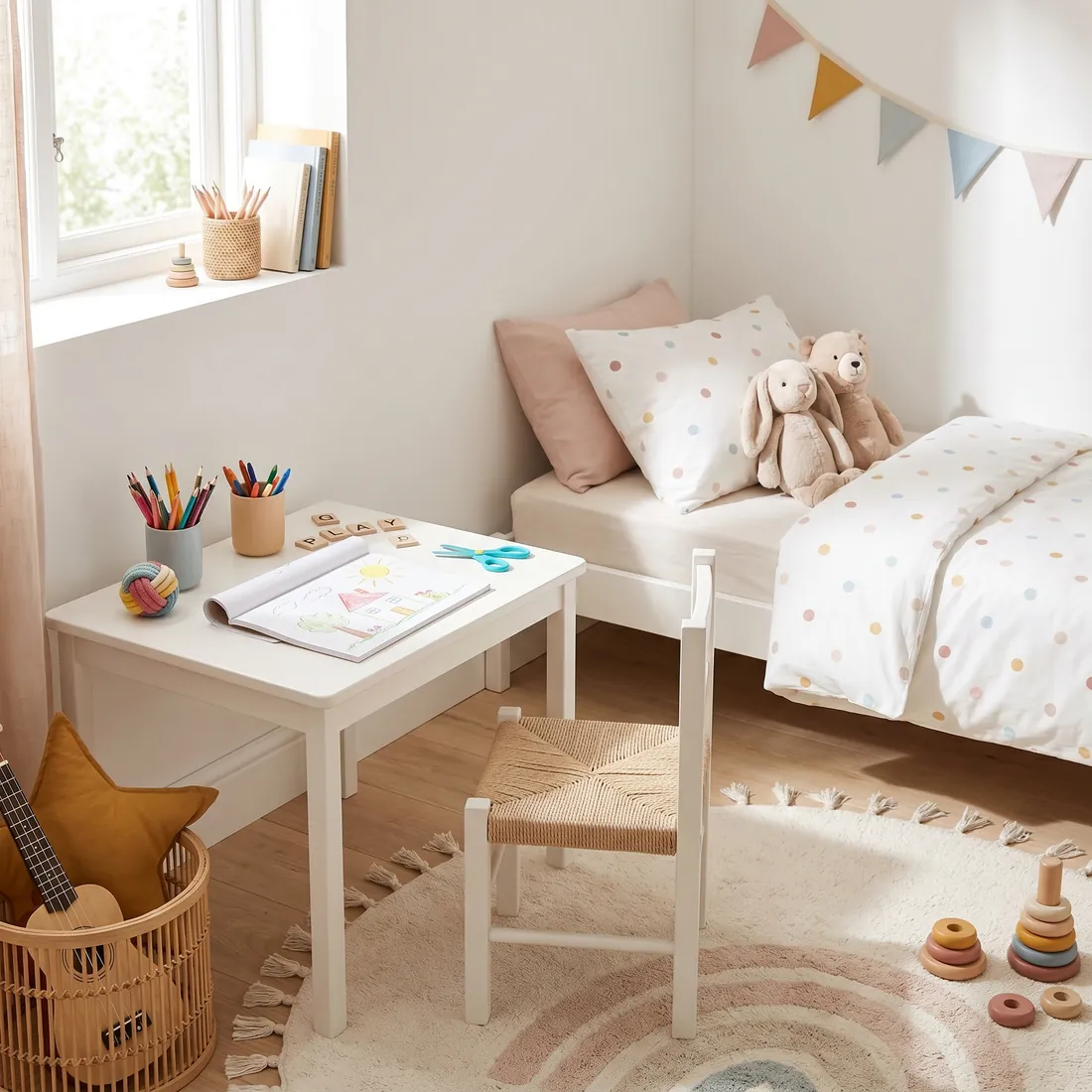 Helles, gemütliches Kinderzimmer mit kleinem Spieltisch, Bettchen und Spielzeug. Sinnbild für einen geschützten Ort auf Zeit in der Bereitschaftspflege