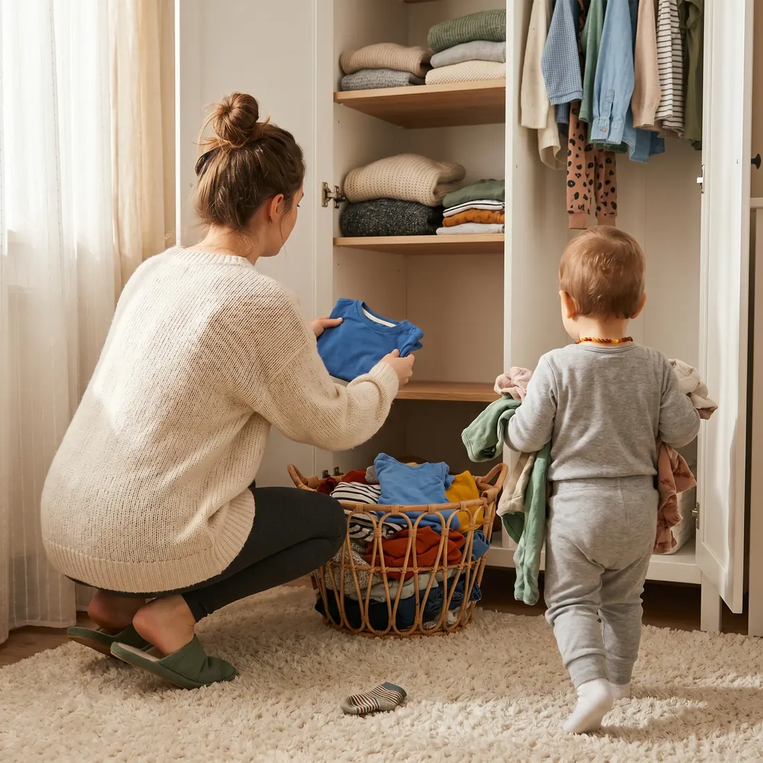 Eine Frau und ein Kleinkind räumen gemeinsam Kinderkleidung in einen Schrank. Sinnbild für das Ankommen und den gemeinsamen Start in der Bereitschaftspflege
